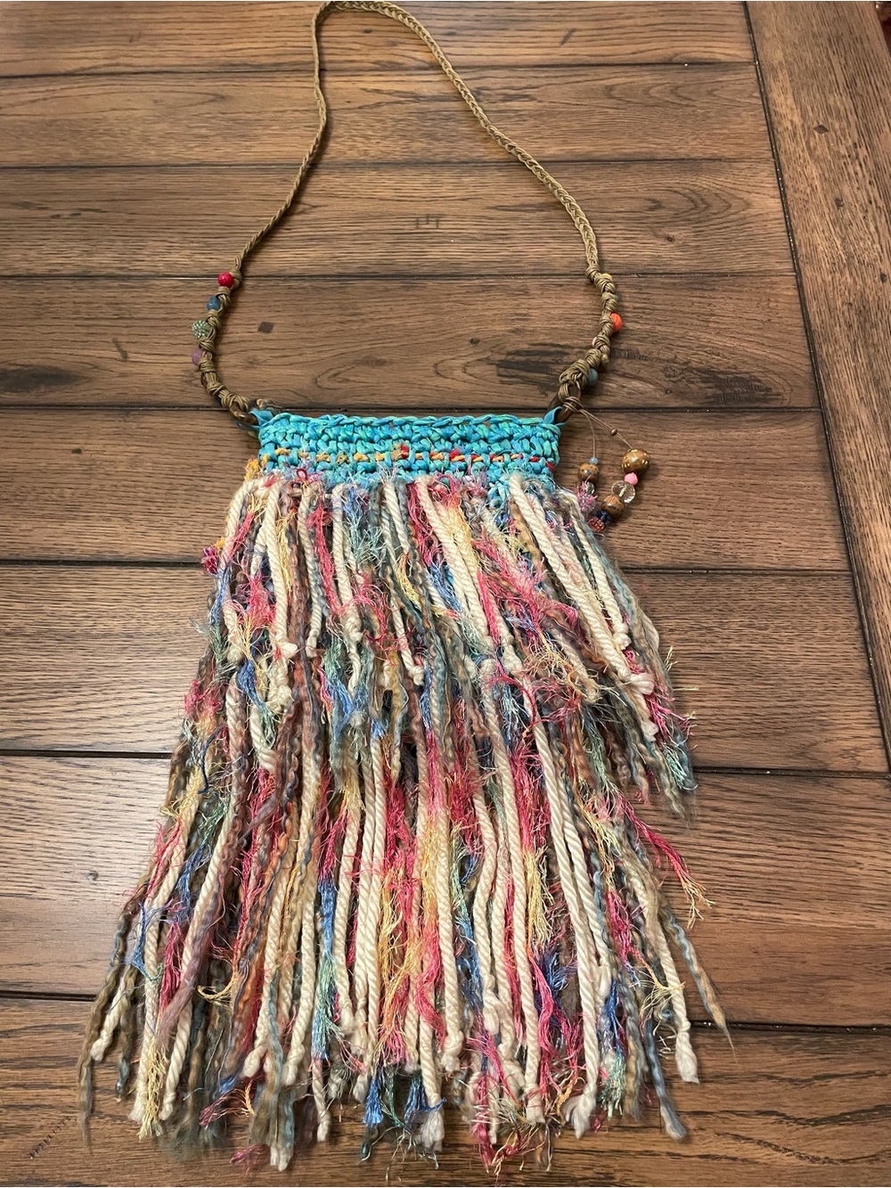 Rare Boho Multicolor Fringe Crossbody Bag - Turquoise Zipper Top Beaded Sides - Picture 3 of 6